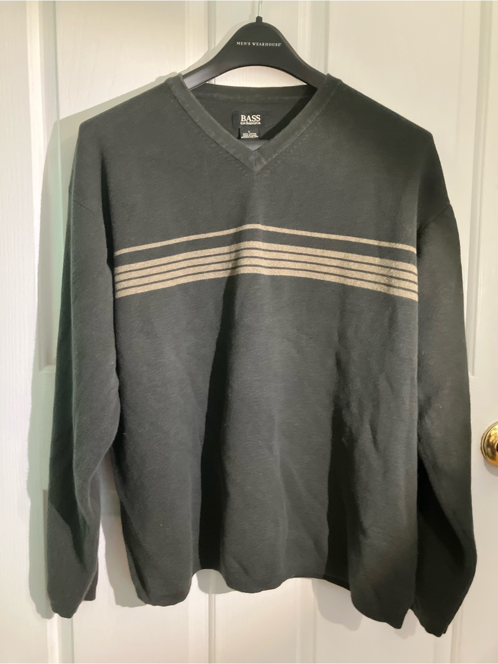 Bass Men's Charcoal V-Neck Sweater with Tan Stripes